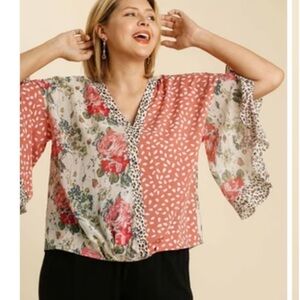 Umgee Mixed Print Split Ruffle Sleeve Top Floral Animal Print